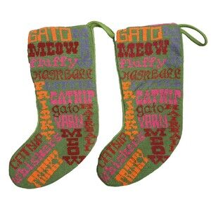 Pottery Barn Vintage Christmas Stocking Set Green CAT Needlepoint Wool Y2K Lot 2